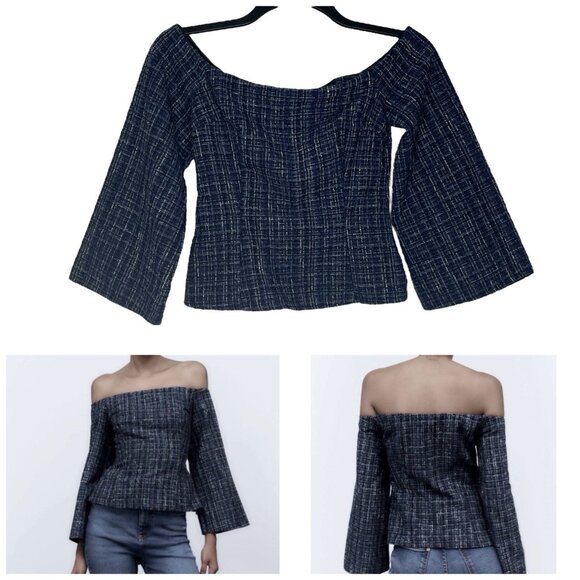 Zara Tops - Zara Womens Top Size XS Tweed Textured Structured Off The Shoulder Flare Sleeves